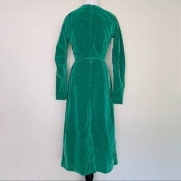 Vintage 50s 60s Emerald Green Velvet Long Sleeve Midi Dress XS/S - Picture 4 of 8
